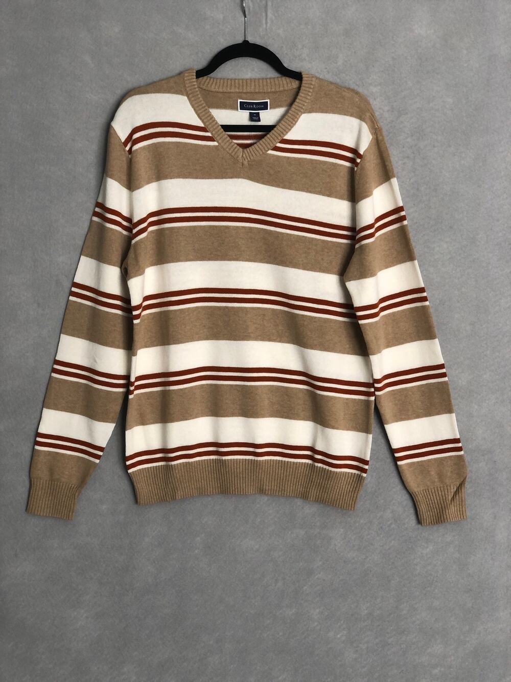 Club Room V-Neck Sweater Stripe Tan/Rust Men's Size XXL NEW